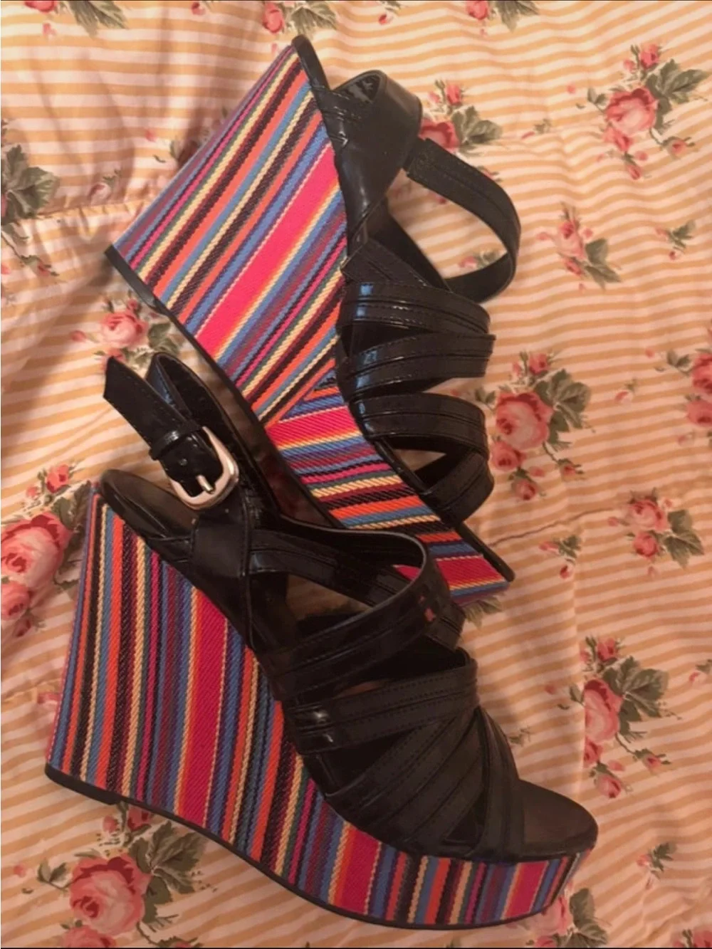 Black Strappy Wedge Sandals with Multicolor Stripe Platform
